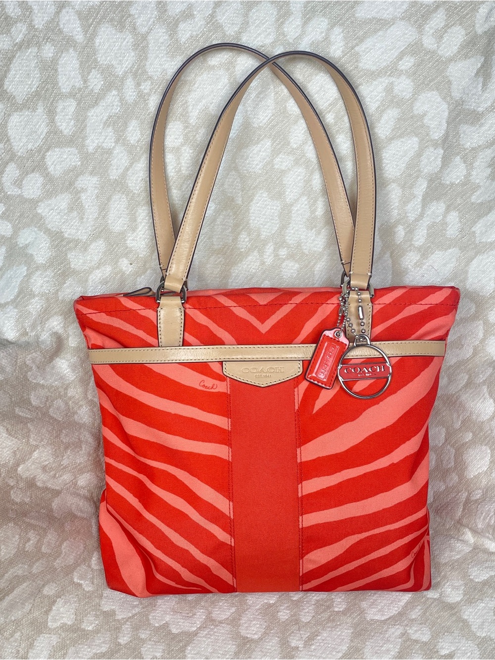 COACH Red Zebra-Print Tote with Tan Leather Trim